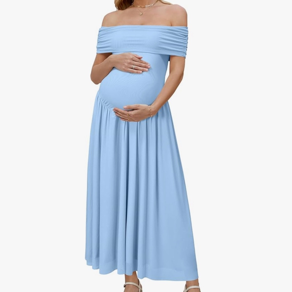 Elegant Off-Shoulder Blue Maternity Dress